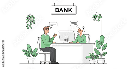 Flat illustration of a bank employee consulting a client at a desk with a computer, symbolizing customer service, financial advice, savings, investment, and professional banking support