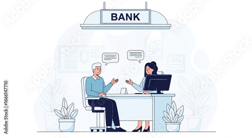 Flat illustration of a bank employee consulting a client at a desk with a computer, symbolizing customer service, financial advice, savings, investment, and professional banking support
