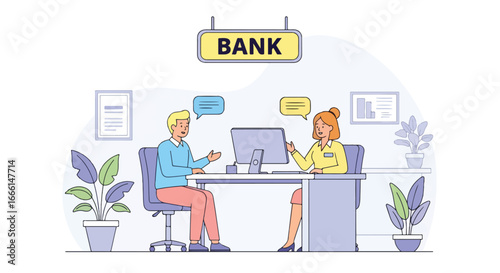 Flat illustration of a bank employee consulting a client at a desk with a computer, symbolizing customer service, financial advice, savings, investment, and professional banking support