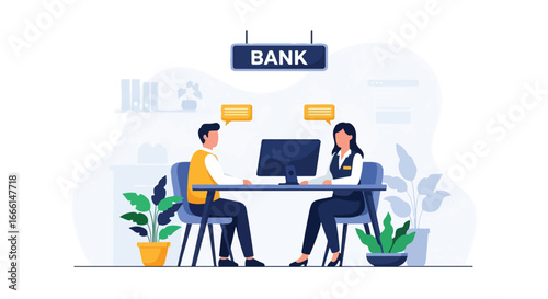 Flat illustration of a bank employee consulting a client at a desk with a computer, symbolizing customer service, financial advice, savings, investment, and professional banking support