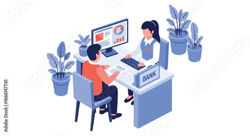 Isometric illustration of a bank employee consulting a client at a desk with charts on computer screens, symbolizing financial planning, investment advice, savings, and money management services