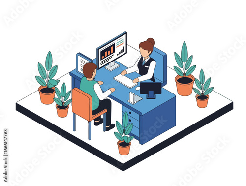 Isometric illustration of a bank employee consulting a client at a desk with charts on computer screens, symbolizing financial planning, investment advice, savings, and money management services