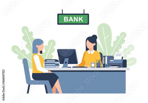 Flat illustration of a customer meeting with a bank employee at a desk, symbolizing financial consultation, account services, savings, investment, and professional banking support