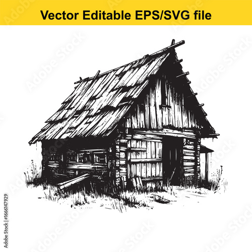 Sketch of an old, weathered wooden shack with a dilapidated roof and walls