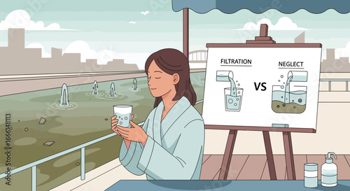 Woman evaluates water quality near polluted river with filtration comparison chart