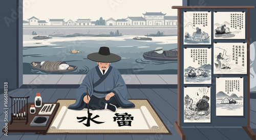 Traditional chinese scholar practicing calligraphy with waterscape backdrop illustration