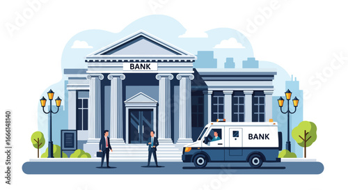Flat illustration of a traditional bank building with businessmen and a security van, symbolizing finance, money management, savings, investment, and financial institutions in a city environment
