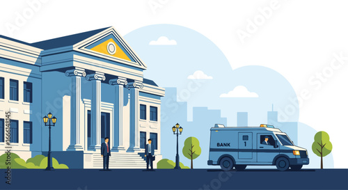Flat illustration of a traditional bank building with businessmen and a security van, symbolizing finance, money management, savings, investment, and financial institutions in a city environment