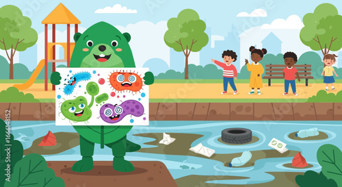 Cartoon Illustration of Environmental Pollution with Character and Children