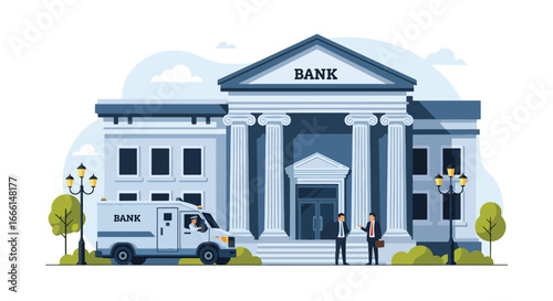 Flat illustration of a traditional bank building with businessmen and a security van, symbolizing finance, money management, savings, investment, and financial institutions in a city environment