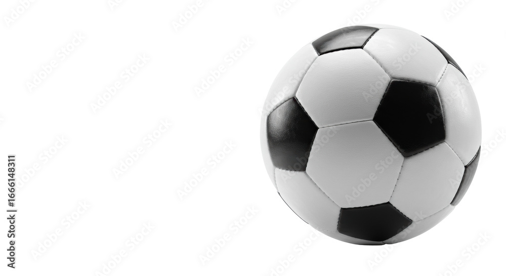 Fototapeta premium Pristine black and white Tango-style soccer ball with hexagonal and pentagonal panels, dynamically positioned on a seamless transparent studio background with soft high-key lighting, concept of sport
