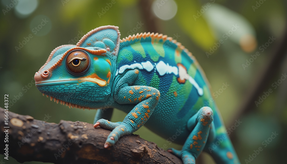 Fototapeta premium Colorful Chameleon On Tree Branch – Vibrant Turquoise Reptile With Orange Accents For Wildlife Photography, Exotic Pet Care, And Nature Conservation Education