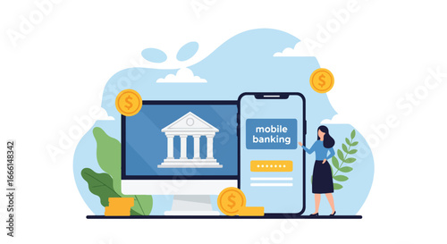 Flat illustration of a woman using mobile banking on a smartphone with a computer screen showing a bank, symbolizing secure online finance, digital payments, and modern financial technology