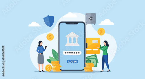 Flat illustration of people logging into a mobile banking app with secure password access, representing online finance, digital payments, security, and modern financial technology for business