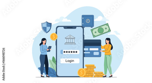 Flat illustration of people logging into a mobile banking app with secure password access, representing online finance, digital payments, security, and modern financial technology for business