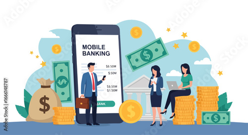 Flat illustration of people using mobile banking apps for transactions and account management, symbolizing digital finance, online payments, financial security, and banking technology for business