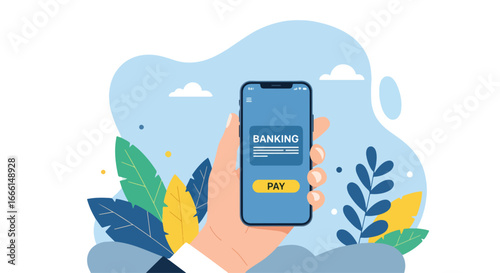Flat illustration of a hand holding a smartphone with a mobile banking app screen, representing digital payments, online finance, and modern financial technology for business and personal use