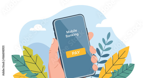 Flat illustration of a hand holding a smartphone with a mobile banking app screen, representing digital payments, online finance, and modern financial technology for business and personal use