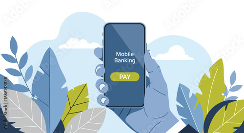 Flat illustration of a hand holding a smartphone with a mobile banking app screen, representing digital payments, online finance, and modern financial technology for business and personal use