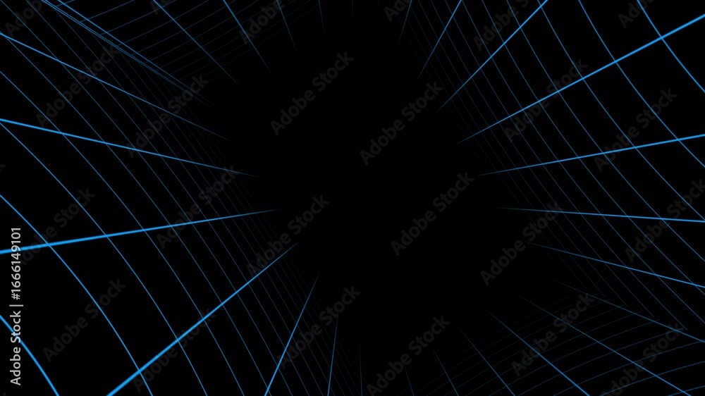 Abstract blue geometric lines grid tunnel perspective with dark hole space. Modern and technological background for motion graphic, video, vj, loop, broadcast, and digital animation.