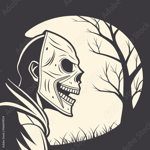 Illustration of michael myers with a mask in profile view against a dark forest background at night time