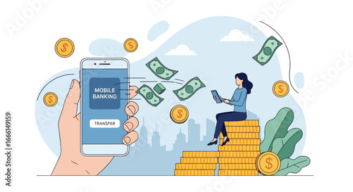 Flat illustration of a woman using mobile banking for money transfer, showing online finance, digital payments, and modern financial technology in a city background for business and personal use