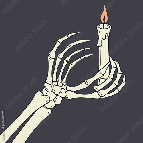 Two skeleton hands one holding a candle and the other making an ok sign on a dark gray background