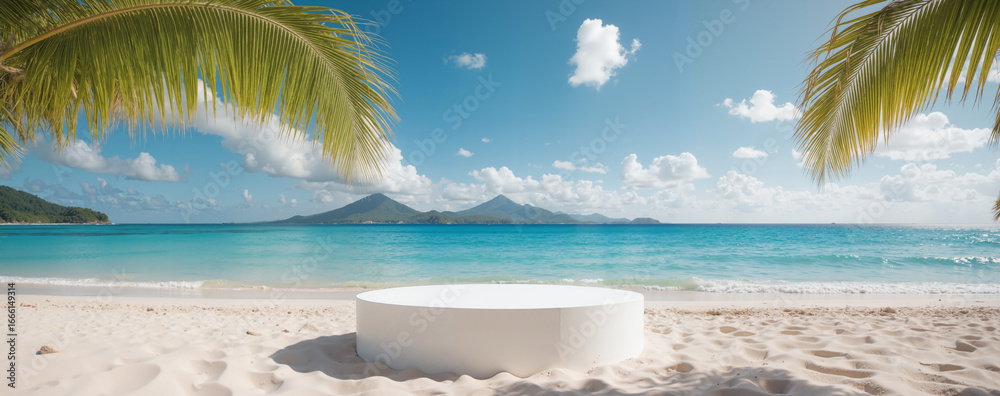 Obraz premium Summer Job Opportunities Podium - Beach Scene with White Sand and Palm Leaves for May Recruitment Campaigns and Seasonal Employment Marketing