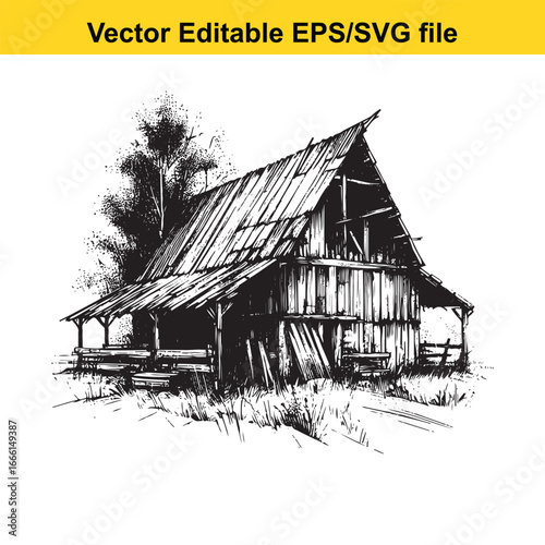 Old weathered barn in a rural landscape, vector illustration