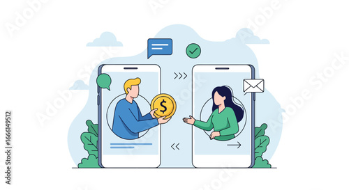 Flat illustration of people transferring money through mobile phones, symbolizing online banking, secure digital payments, financial technology, and peer-to-peer transactions for business and personal