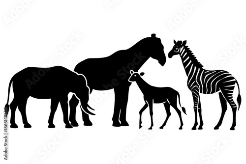 Vector art of silhouette of african animals, wildlife, mammal, elephant, horse, zebra, antelope, giraffe, lion, camel, rhinoceros, hippopotamus, gazelle