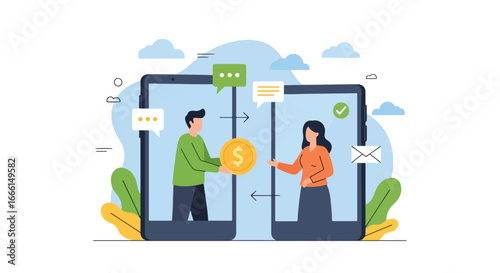Flat illustration of people transferring money through mobile phones, symbolizing online banking, secure digital payments, financial technology, and peer-to-peer transactions for business and personal