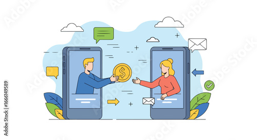 Flat illustration of people transferring money through mobile phones, symbolizing online banking, secure digital payments, financial technology, and peer-to-peer transactions for business and personal