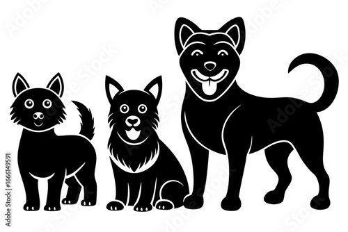 Vector art of three cartoon dogs of different sizes, showcasing a cute and playful canine family in a minimalist style