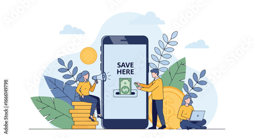 Flat illustration of people using a mobile app for saving money, showing teamwork, digital banking, and financial growth for personal finance, business, and investment concepts