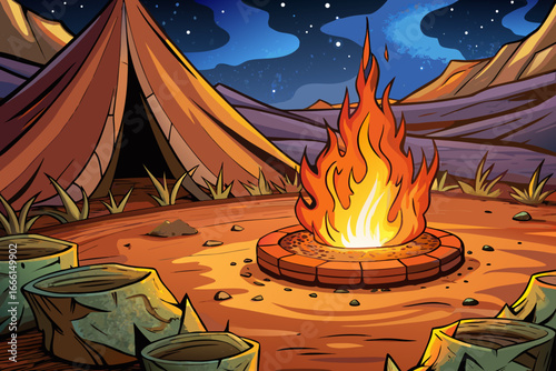 Fire pit near desert tent under starry night sky with warm glowing flames