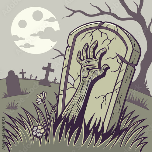 A cartoon depiction of a zombie hand rising from a grave in a cemetery with tombstones and grass