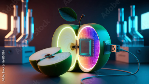 Futuristic Digital Apple with Cyber Technology Elements