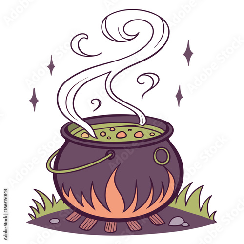 A witch's cauldron bubbling with a green potion, set over a fire with rising steam and magical sparkles