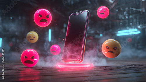 Digital toxicity, online harassment, or the negative impact of excessive screen time. Cyberstalking frowning face defense mode emoji mask, bad temper angry emoji with mobile phone device screen