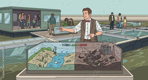 Environmental awareness exhibit showcasing ecological contrast between eras at exposition