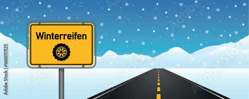 straight asphalted road in winter landscape with winter check traffic sign vector illustration