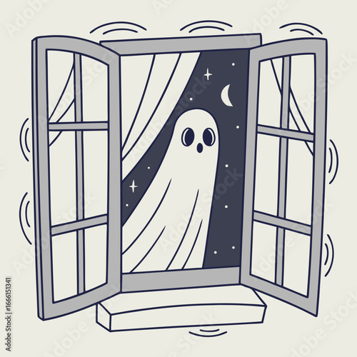 Cartoon ghost floating outside an open window at night with moon and stars in a whimsical style scene
