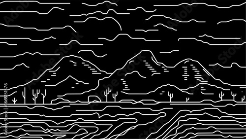 mountain landscape with desert scene vector illustration, minimal retro digital art, perfect for t-shirt, poster, sticker, or wall print