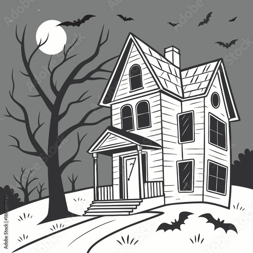 Illustration of a spooky house with bats flying around it under a full moon and a bare tree nearby