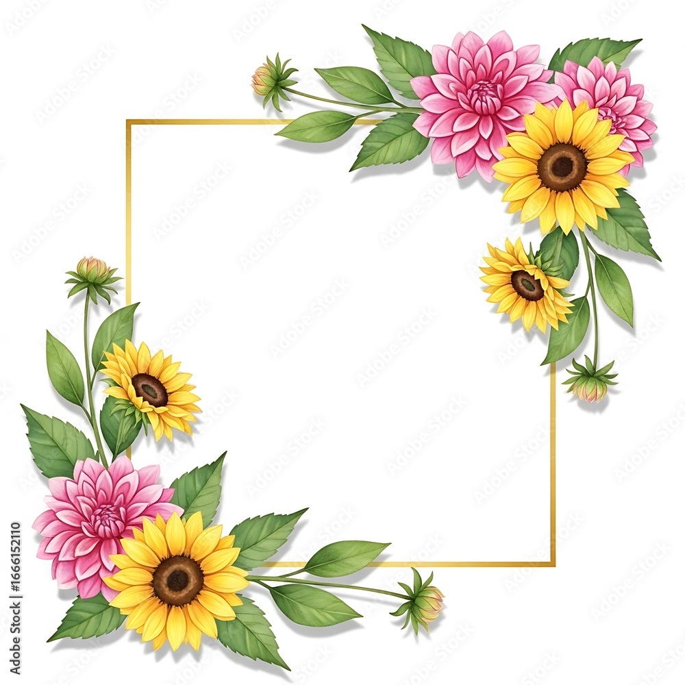 Fototapeta premium Elegant square floral frame with pink dahlias and yellow sunflowers on white background