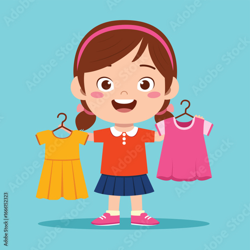 Cute little kid girl choose clothes with happiness illustration