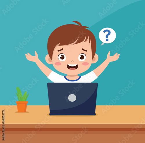 Cute little kid boy use laptop get confuse with happiness illustration