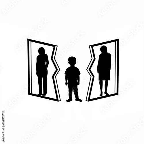 Silhouette of child standing in middle of two separate rooms, parents each in a room silhouette on white background