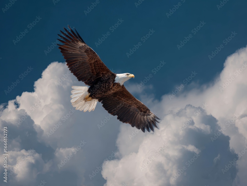 Naklejka premium Eagle Soaring High with Wings Spread, Amidst Clear Blue Sky and Fluffy Clouds